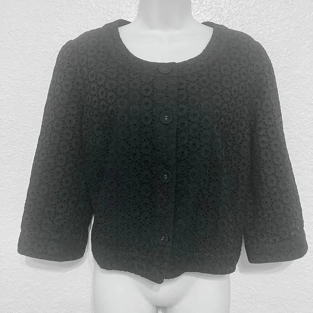 Ann Taylor Women's L Black Eyelet Embroidered Cropped Jacket Button Front Boxy
